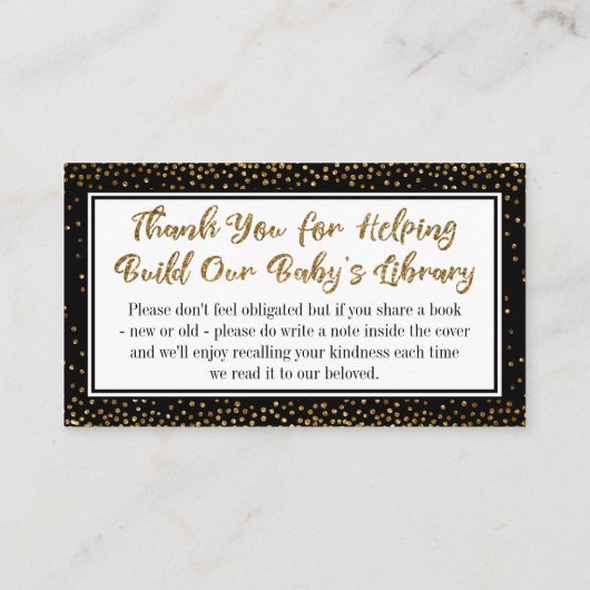Schwarze und goldene Konfetti Buchanfragen Beilage Begleitkarte (Rückseite)