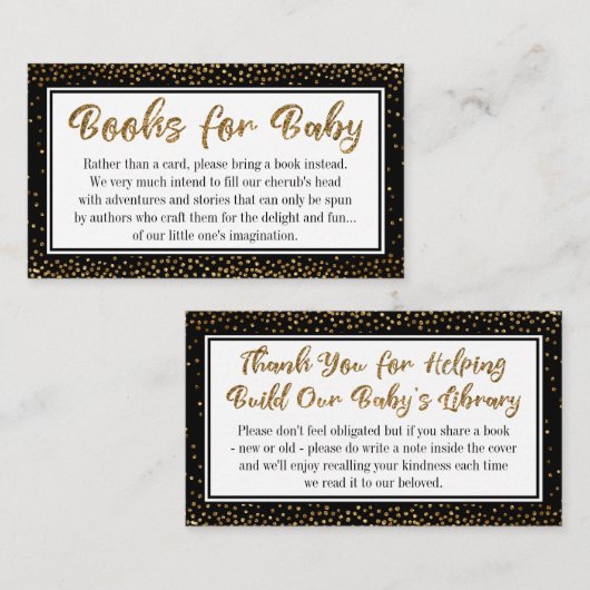 Schwarze und goldene Konfetti Buchanfragen Beilage Begleitkarte (Vorne/Hinten)