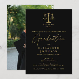 Schwarze und goldene Law School Foto-Abschlussfeie Einladung