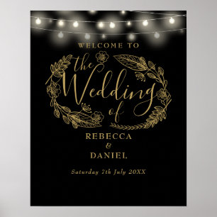 Schwarze und goldene Lichterkette Hochzeits-Willko Poster