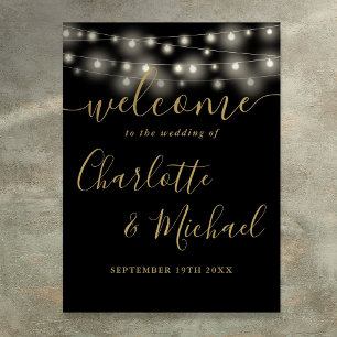 Schwarze und goldene Lichterkette Hochzeits-Willko Poster