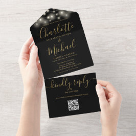 Schwarze und goldene Lichterkette QR-Code-Hochzeit All In One Einladung