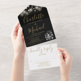 Schwarze und goldene Lichterketten Mason Jars Hoch All In One Einladung