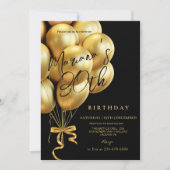 Schwarze und goldene Luftballonschleife Geburtstag Einladung (Vorderseite)