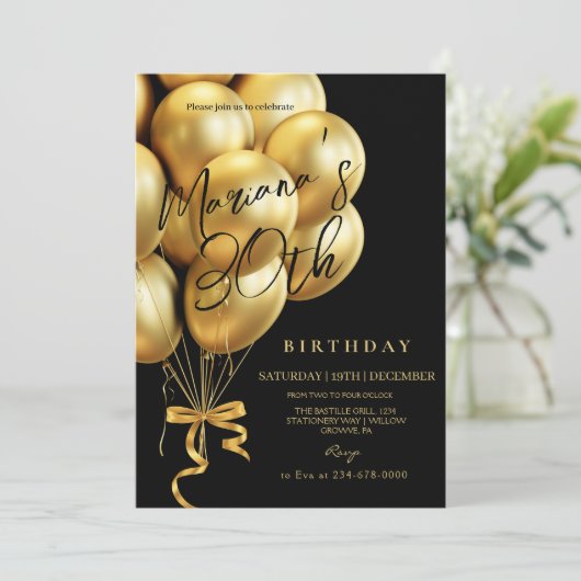 Schwarze und goldene Luftballonschleife Geburtstag Einladung (Stehend Vorderseite)