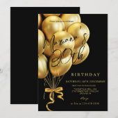 Schwarze und goldene Luftballonschleife Geburtstag Einladung (Vorne/Hinten)