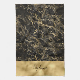 Schwarze und goldene Marmor-Monogramm Geschirrtuch