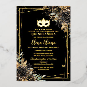 Schwarze und goldene Maskenballmaske Quinceañera Folieneinladung