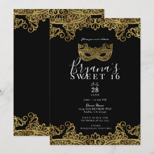 Schwarze und goldene Maskerade zum süßen 16. Gebur Einladung