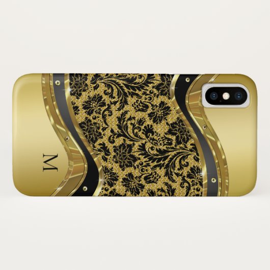 Schwarze und goldene Metallic-Look BlumenDamaskus Case-Mate iPhone Hülle (Rückseite (Horizontal))