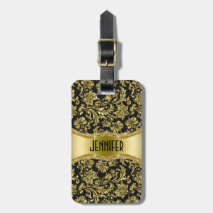 Schwarze und goldene metallische florale Damastmus Gepäckanhänger