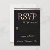 Schwarze und goldene metallische Minimalantwort RSVP Karte (Vorderseite)