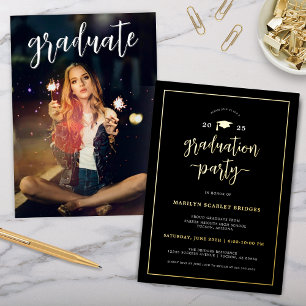 Schwarze und goldene moderne Schick-Abschluss-Einl Folieneinladung