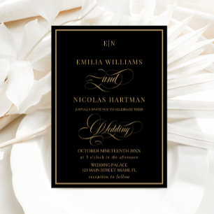 Schwarze und goldene Monogramm-Hochzeit Einladung