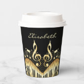 Schwarze und goldene Musiknoten Papierkupplungen Pappbecher (Rückseite)