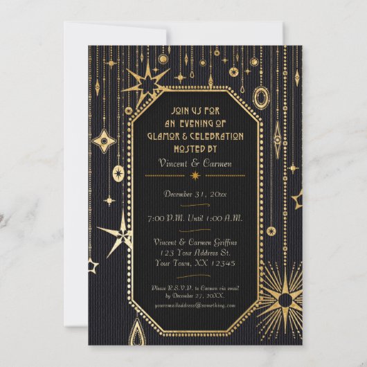 Schwarze und goldene Party Einladung für das neue (Rückseite)