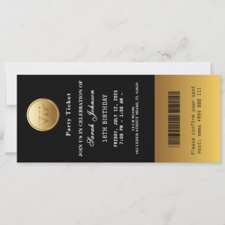 Schwarze und goldene Party-Ticket-Einladung Einladung