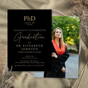 Schwarze und goldene PhD-Abschlussfoto-Abschlussfe Einladung