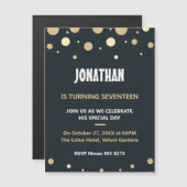 Schwarze und goldene Polka-Punkte-Muster Geburtsta Magneteinladung (Vorne/Hinten)