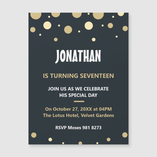 Schwarze und goldene Polka-Punkte-Muster Geburtsta Magneteinladung (Vorderseite)