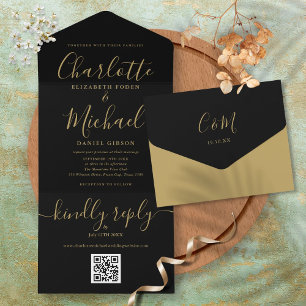 Schwarze und goldene QR-Code-Minimalismus-Hochzeit All In One Einladung