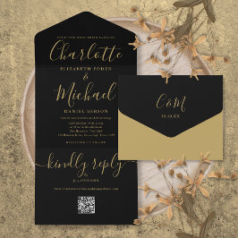 Schwarze und goldene QR-Code-Minimalismus-Hochzeit All In One Einladung