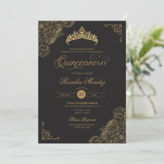 Schwarze und goldene Rose Elegantes Quinceñera Einladung