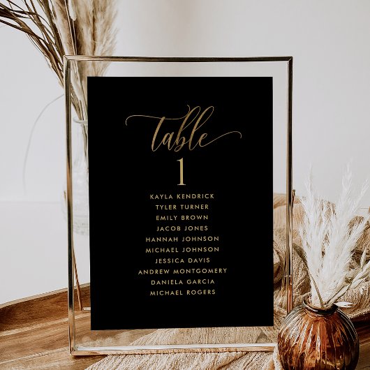 Schwarze und goldene Sitzplakatkarten mit Gästenna