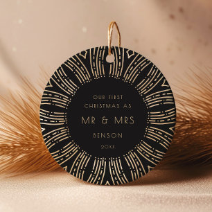 Schwarze und goldene Sonnenstrahlen Art Deco Unser Keramik Ornament