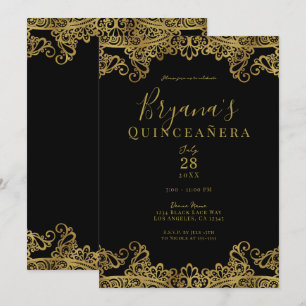 Schwarze und goldene Spitze Elegante Quinceañera-P Einladung