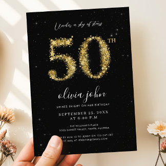 Schwarze und goldene Sterne glänzen 50. Geburtstag Einladung