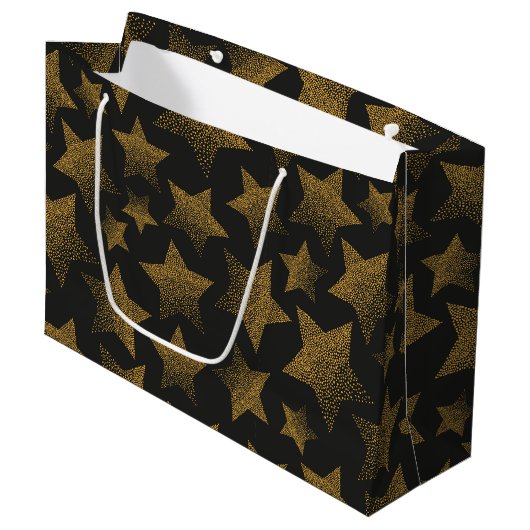 Schwarze und goldene Sterne Große Geschenktüte (Vorderseite Schrägansicht)