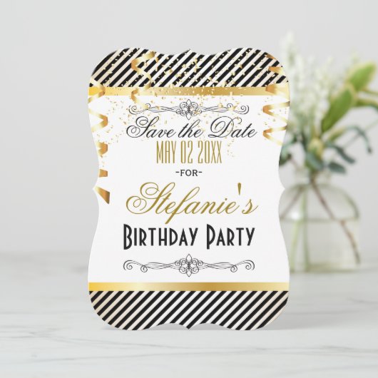 Schwarze und goldene Streifen mit Confetti Save The Date (Stehend Vorderseite)