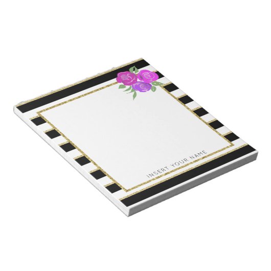 Schwarze und goldene Streifen mit Rose Notepad 5.5 Notizblock (angewinkelt)