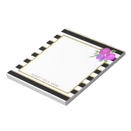 Schwarze und goldene Streifen mit Rose Notepad 5.5 Notizblock (Rotiert)