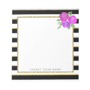 Schwarze und goldene Streifen mit Rose Notepad 5.5 Notizblock