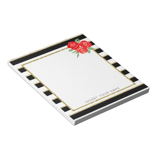 Schwarze und goldene Streifen mit Rose Notepad 5.5 Notizblock (angewinkelt)