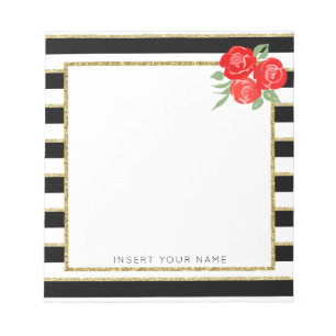 Schwarze und goldene Streifen mit Rose Notepad 5.5 Notizblock
