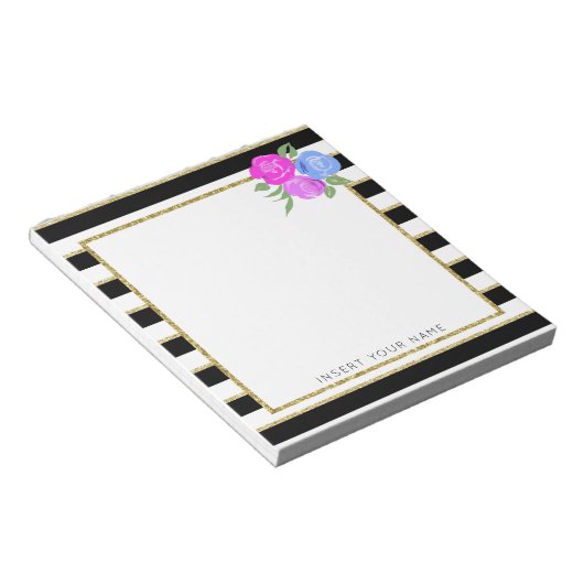 Schwarze und goldene Streifen mit Rose Notepad 5.5 Notizblock (angewinkelt)