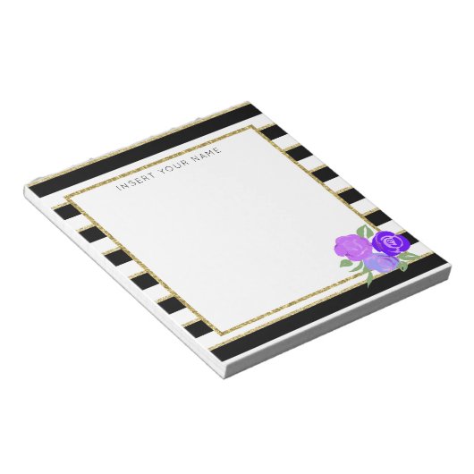Schwarze und goldene Streifen mit Rose Notepad 5.5 Notizblock (angewinkelt)