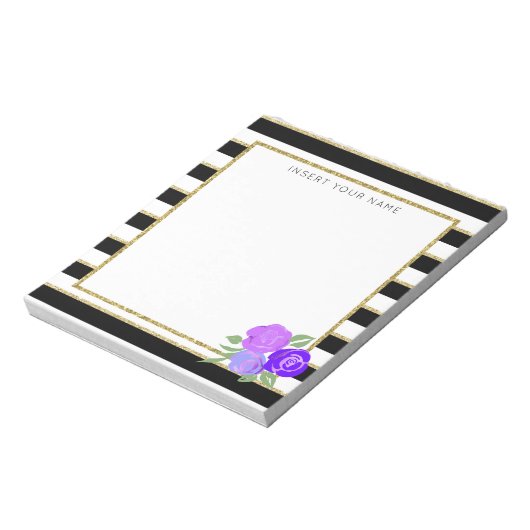 Schwarze und goldene Streifen mit Rose Notepad 5.5 Notizblock (Rotiert)