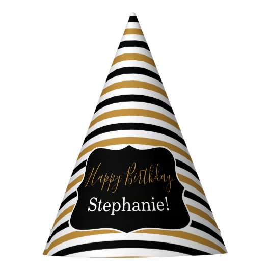 Schwarze und goldene Streifen mit weißer Geburtsta Partyhütchen (Vorderseite)