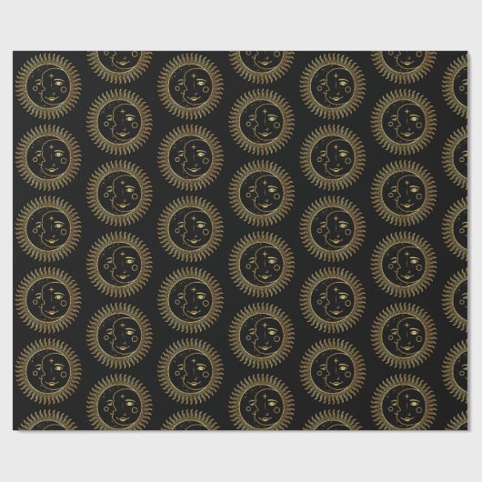 Schwarze und goldene Sun & Moon Gesichter Geschenkpapier (Flach)