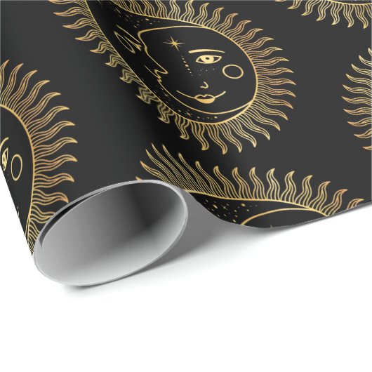Schwarze und goldene Sun & Moon Gesichter Geschenkpapier (Rolleneckpunkt)