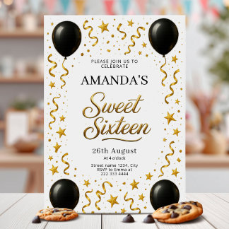 Schwarze und goldene Sweet 16 Geburtstagsfeier Einladung