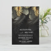 Schwarze und goldene tropische Hochzeit in Urlaubs Einladung (Stehend Vorderseite)
