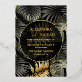 Schwarze und goldene tropische Hochzeit in Urlaubs Folieneinladung (Vorderseite)