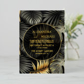 Schwarze und goldene tropische Hochzeit in Urlaubs Folieneinladung (Stehend vorne)