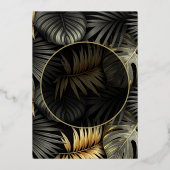 Schwarze und goldene tropische Hochzeit in Urlaubs Folieneinladung (Rückseite)