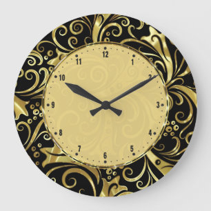 Schwarze und goldene Vintage-Blumendamaststoffe Große Wanduhr